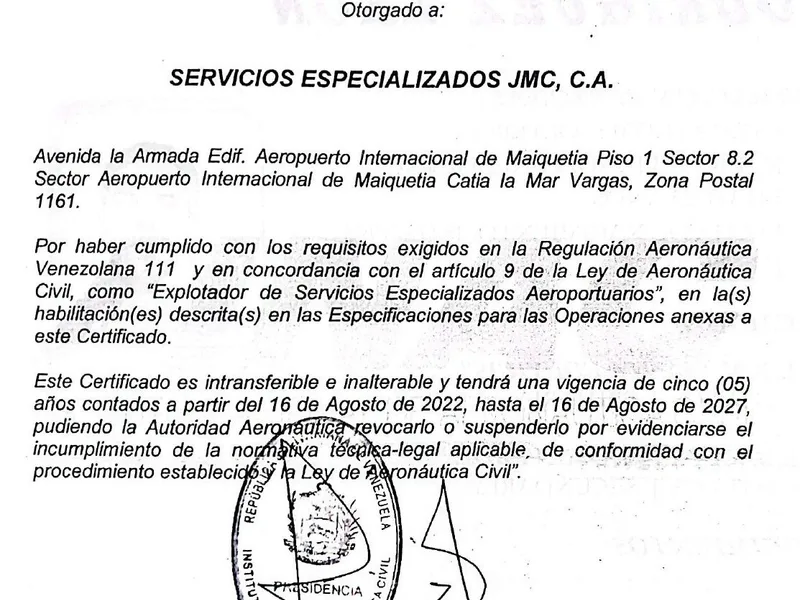Documento de certificación CESEA-021 de Servicios Especializados JMC
