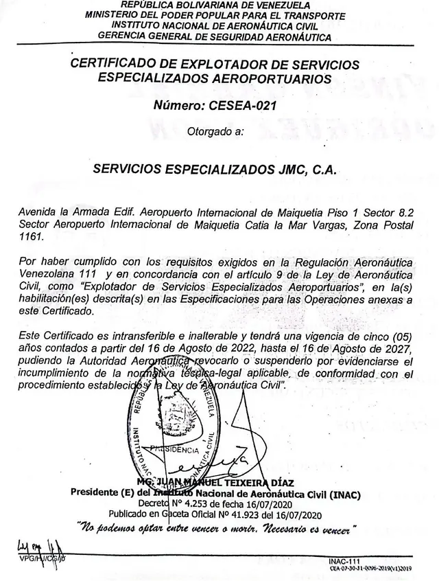 Documento de certificación CESEA-021 de Servicios Especializados JMC