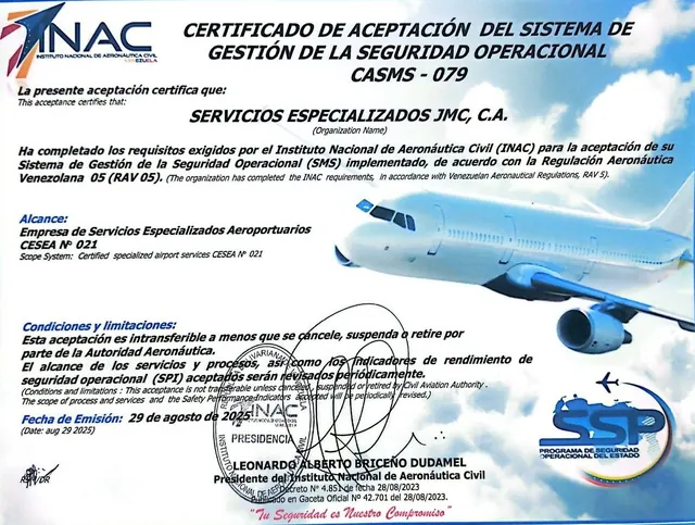 Certificado de aceptación del sistema de gestión de la seguridad operacional CASMS-079, emitido por el INAC